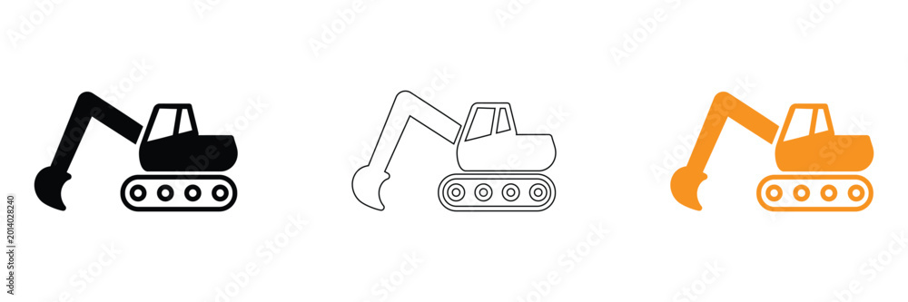 Naklejka premium Excavator Icon Set Black, Outline, and Orange Vector Illustrations of Construction Digger Machinery for Heavy Equipment Design, Industrial Web Graphics, and Building Site Project Symbols