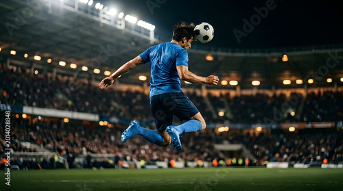 Male soccer player in blue uniform heading a ball during an intense night game in a brightly lit stadium.