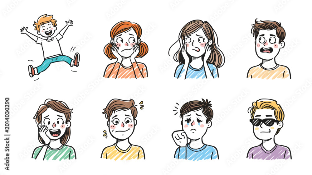 Fototapeta premium Emotional Spectrum: A collection of diverse individuals, each portrayed with unique expressions, vividly depicting a wide array of emotions in a simple style.