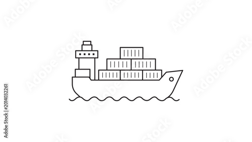 Fényképezés Detailed vector icon illustration of a massive cargo ship on the ocean with an editable stroke, allowing for adjustable line weight in maritime transport, global trade, and shipping logistics
