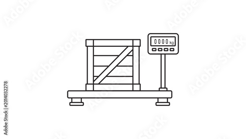 Photos Minimalist vector icon of a wooden shipping crate placed on a digital industrial platform scale for weight measurement, featuring a clean line art style with an editable stroke for versatility