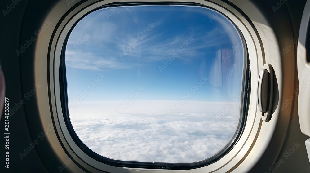 Naklejka premium Close Up of Airplane Window View with White Fluffy Clouds and Bright Blue Sky, Concept of Air Travel and Global Connectivity, High Quality Aerial Background of Cloudy Sky During Flight