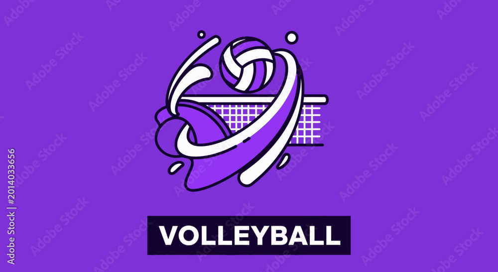 Obraz premium Dynamic Volleyball Action: Abstract Illustration of Ball, Net, and Fluid Motion Above Purple