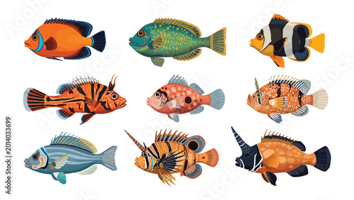 Billede på lærred Vibrant Aquatic Tapestry: A collection of exquisitely detailed and colorful fish, showcasing the diverse beauty of marine life and underwater ecosystems