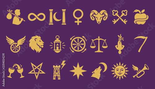 Foto Tarot Major Arcana symbols in gold flat vector style for mystical branding and w
