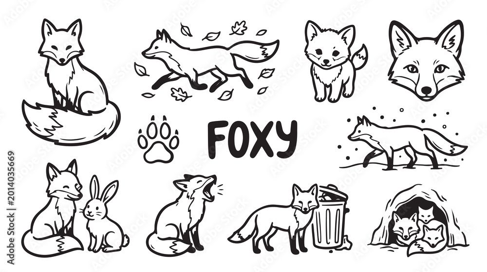 Fototapeta premium Black and white fox vector illustration set with various foxy poses and activities.