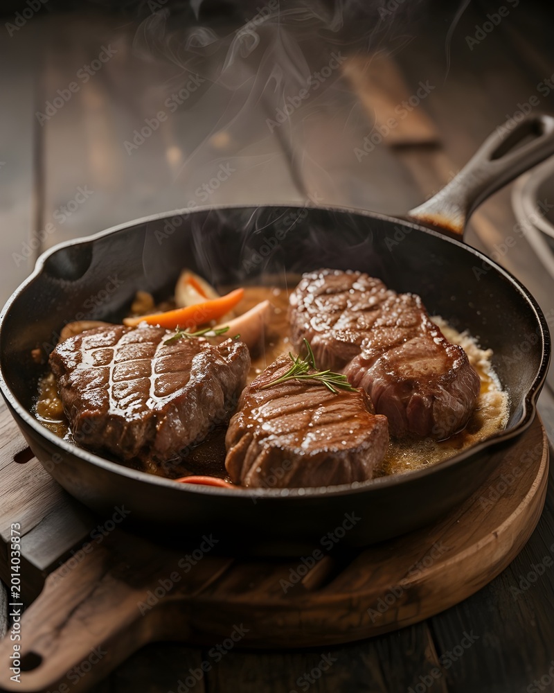 Fototapeta premium Slow-smoked-beef-brisket-with-deep-bark sizzles in a cast-iron skillet on a wooden board