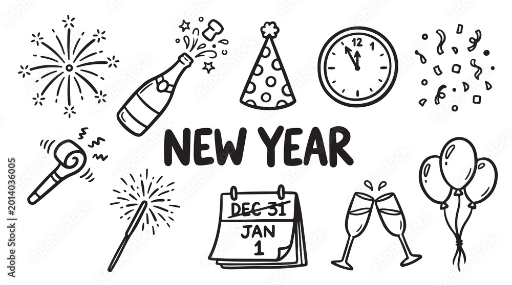 Fototapeta premium New Year celebration doodles with fireworks, champagne, party hat, clock, confetti, balloons, and calendar.