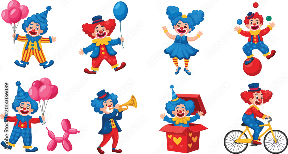 Fototapeta premium Set of Cute Circus Clown Characters Performing Fun Activities Including Juggling Riding a Bicycle and Holding Balloons for Children Birthday Party and Carnival Designs