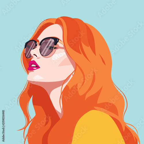 Fotografie Vibrant woman with long orange hair and sunglasses makes a stylish vector illustration