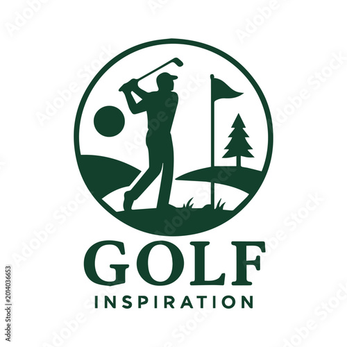A dark green logo featuring a golfer swinging a club on a golf course with a pine tree and flag