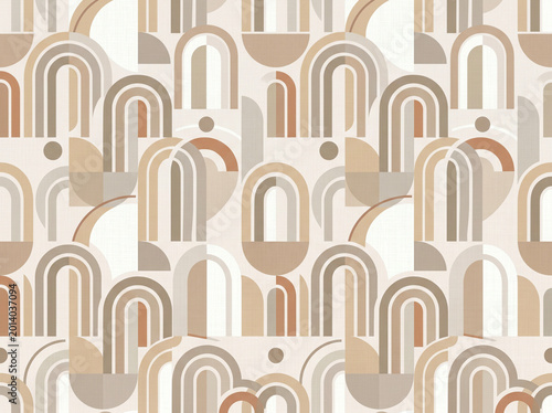 Elegant retro geometric seamless pattern with arches and circles in warm neutral tones, perfect for wallpaper, fabric, packaging, branding, modern backgrounds, and minimalist interior design.