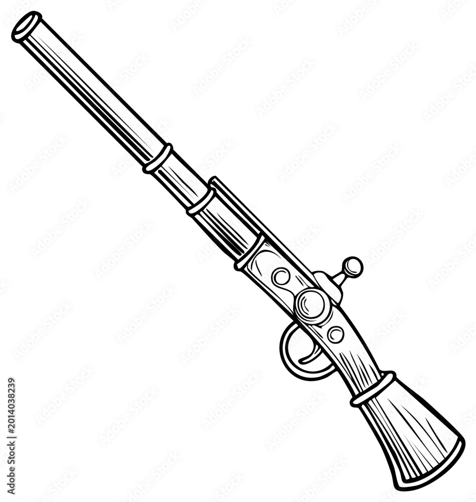 Fototapeta premium Vintage Musket Rifle Line Art Drawing Black and White Isolated Illustration