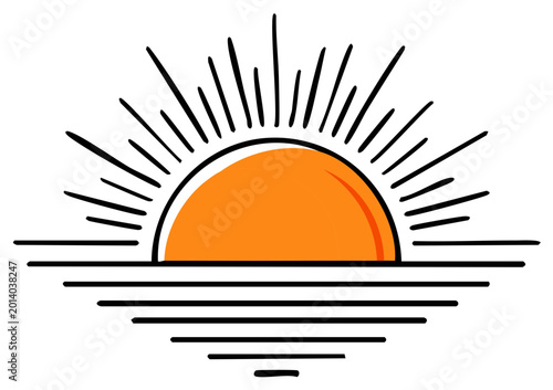 Orange sunrise over the water with hand-drawn lines.