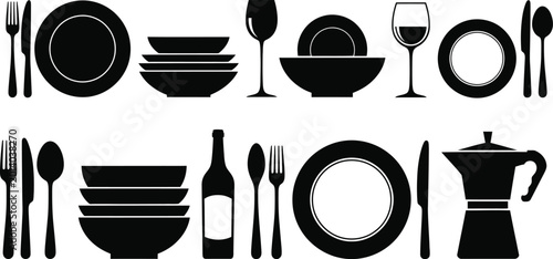 Fényképezés Silhouette of restaurant tableware and dining utensils