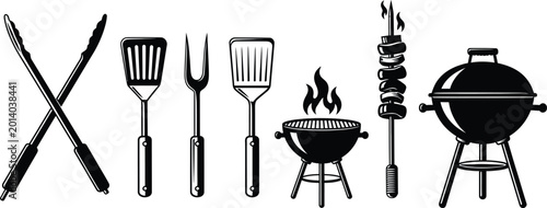 Bild auf Leinwand Silhouette of bbq grill and utensils for outdoor cooking