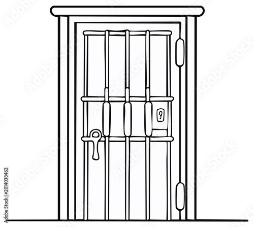 Illustration of a secured doorway with vertical metal bars and a locking mechanism