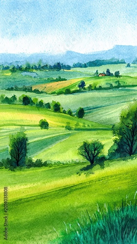 A vibrant watercolor painting of rolling green hills under a blue sky, dotted with trees and distant mountains.