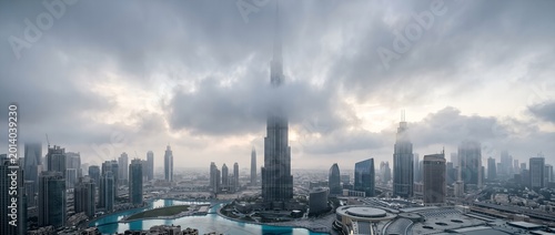 Burj Khalifa and Dubai Skyline Partially Shrouded in Thick Clouds and Fog at Dawn