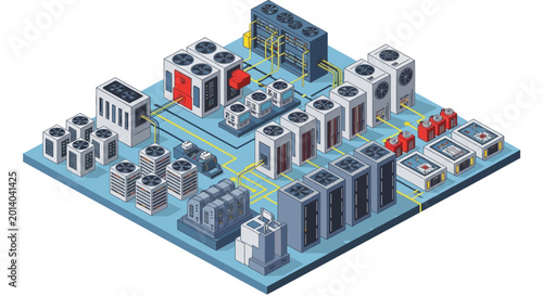Isometric illustration of a computer motherboard with various components.