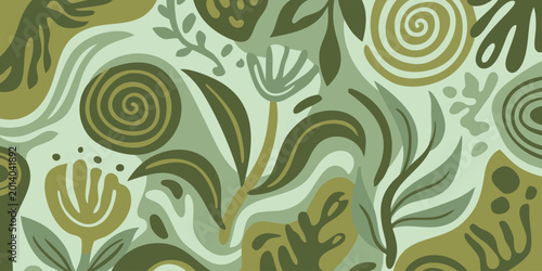 Schilderij op canvas Vibrant green floral pattern with leaves and flowers swirling together