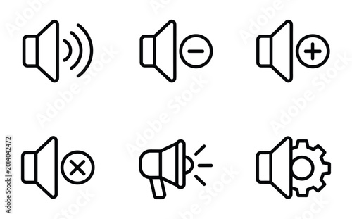 Fotografía Set of six black line representing sound volume adjustments including speaker sy