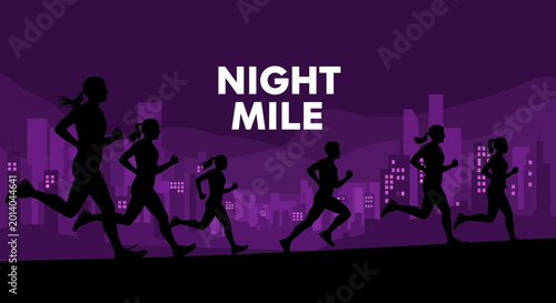 Evening Run: Silhouette Runners Pacing through the City Metropolis and Completing a Marathon