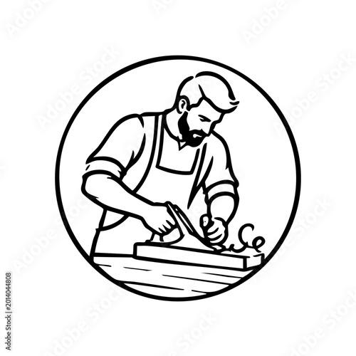 Craftsman Woodworker Planing Wood with Hand Plane Line Art Logo