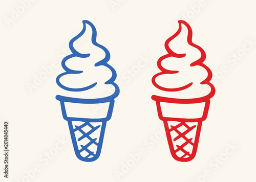 Fotografia Minimalist soft serve ice cream cone icons, blue and red line art vector set, si