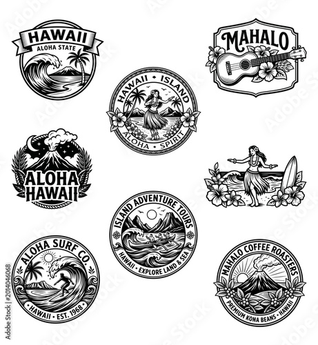 Hawaii Vector Emblem Set: Aloha Spirit, Surfing, and Tropical Adventure Vintage Black and White Illustrations.