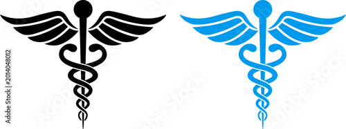 Foto Caduceus medical symbol with wings and twin serpents, black and blue healthcare
