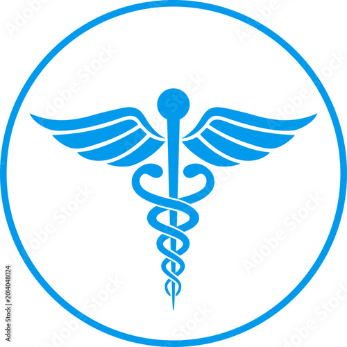 Blue caduceus medical symbol within a circular frame, clean healthcare industry logo for clinical services, elegant pharmacy and physician decorative graphic element