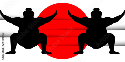 Bild auf Leinwand Silhouette of wrestler sumo against the background of the Japanese flag