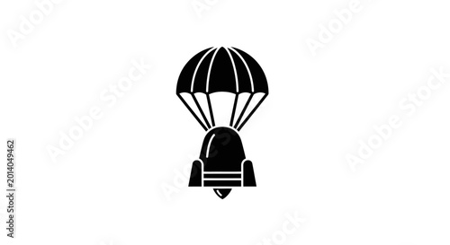 Black parachute with harness descending.