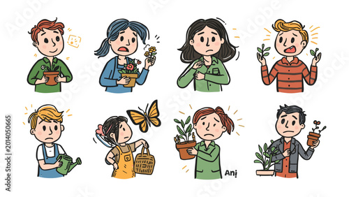 Φωτογραφία Caring Garden: A collection of various emotional expressions, from excitement to dejection, while tending to their gardens with plants and a butterfly