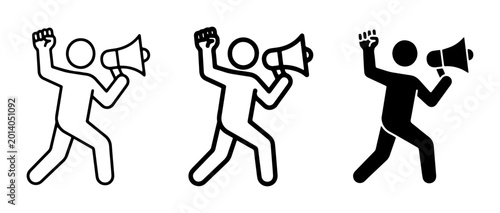 фотографія Protestor with Megaphone Icon Set, Activist Silhouette with Raised Fist and Loud