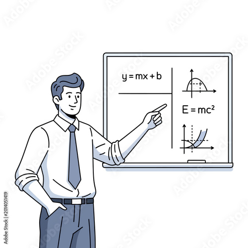 Male teacher pointing at whiteboard with math formulas and graphs
