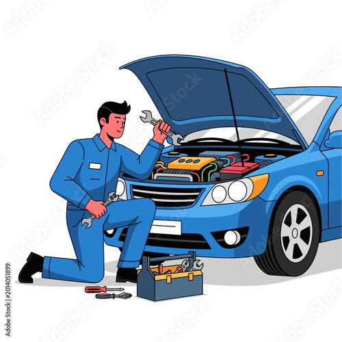 Mechanic repairing blue car engine with tools, illustration
