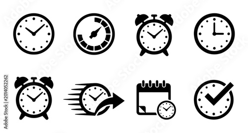 Photos Clock Icons Collection, Time Management Symbols, Alarm and Calendar Vector Graph