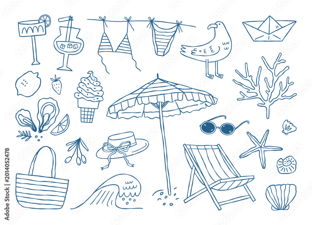 Fototapeta premium Coastal summer illustration set. 