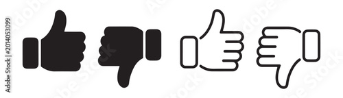 Cuadro en lienzo Set of four like and dislike hand gesture thumb icons in solid and linear black ink style isolated