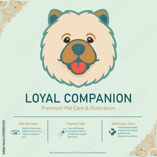 Minimalist Dog Care Infographic with Cute Puppy Illustration and Pet Services Icons. High-quality vector illustration featuring a cute dog character with a clean layout for pet care services. 