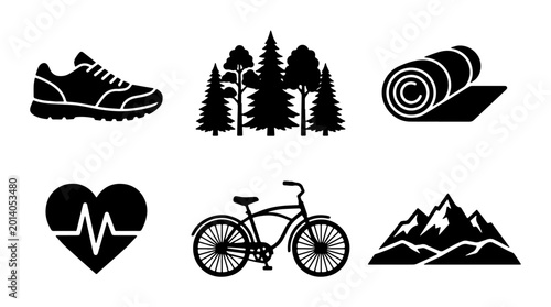 Bild auf Leinwand Outdoor Activity Icons: Running Shoe, Forest Trees, Yoga Mat, Heartbeat, Bicycle