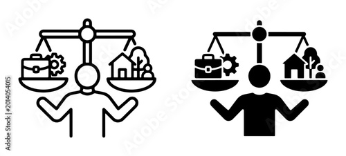 Foto Work-life balance icons, balancing briefcase and gear with house, tree, and pers
