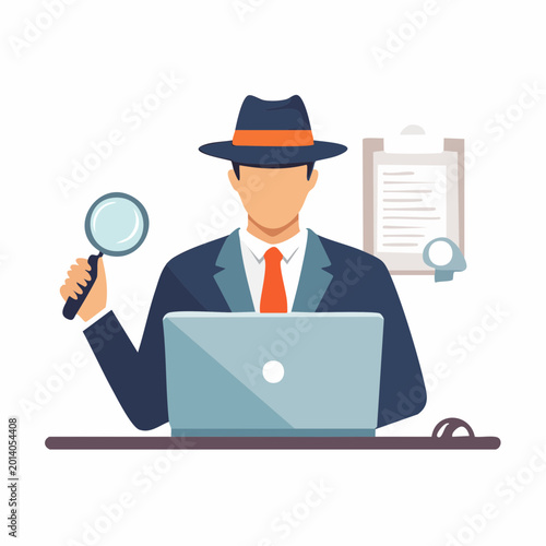 Detective with Magnifying Glass and Laptop
