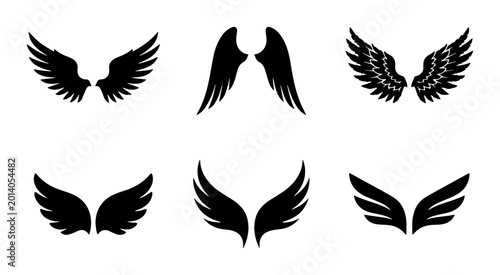Bild auf Leinwand Angel Wings Vector Icons Set, Black Feathered Wing Silhouettes for Spiritual, Fa