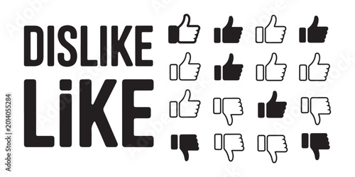 Photos Large text like and dislike with rows of thumbs up and thumbs down icons in black