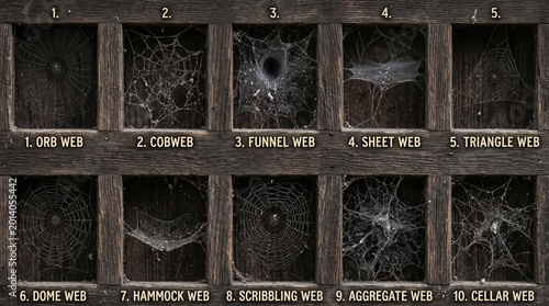 Display of different types of spider webs in a grid format with spider web