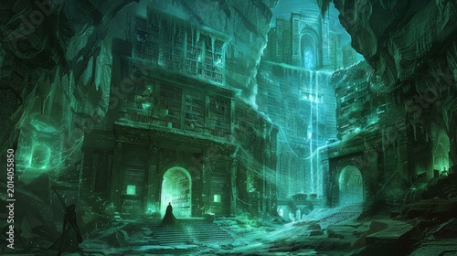 Mysterious Ancient Underground City Ruins with Ethereal Green Glow