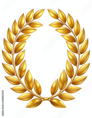 Digitally rendered gold-colored laurel wreath, symmetrical, with detailed leaf textures and a slight 3D effect. Against a pure white backdrop